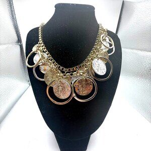 Avenue Statement Coin Necklace Gold Tone Hammered Disc Bib Necklace Boho 21"